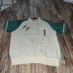 VINTAGE Alan Stuart Polo Shirt Banded Waist Men's XL GRN/WHT Abstract Geometric